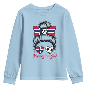 Norwegian Soccer Girl Youth Sweatshirt Messy Bun Sunglasses Football Fan TS12 Light Blue Print Your Wear