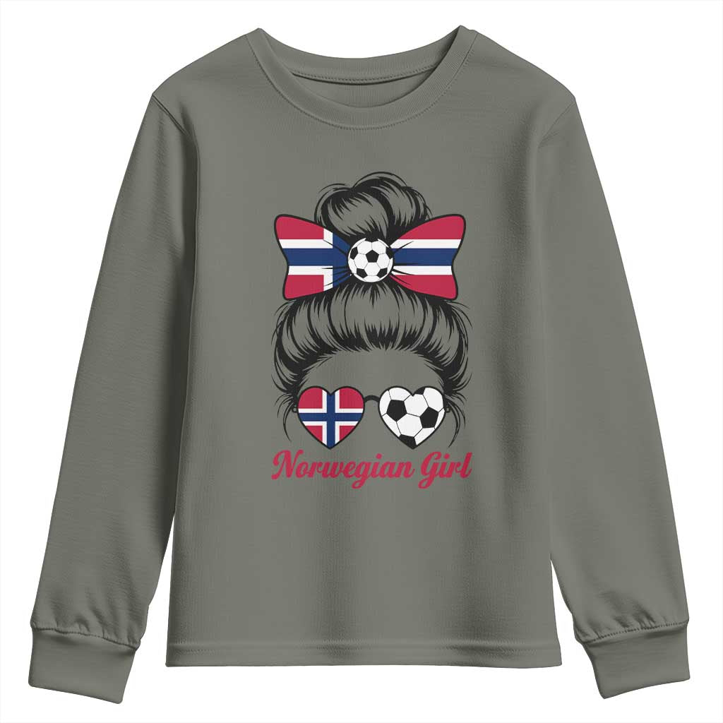 Norwegian Soccer Girl Youth Sweatshirt Messy Bun Sunglasses Football Fan TS12 Military Green Print Your Wear