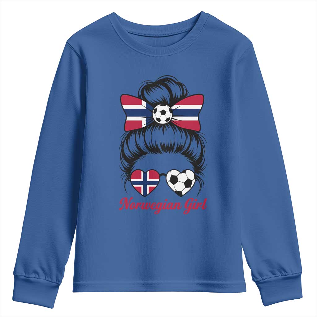 Norwegian Soccer Girl Youth Sweatshirt Messy Bun Sunglasses Football Fan TS12 Royal Blue Print Your Wear