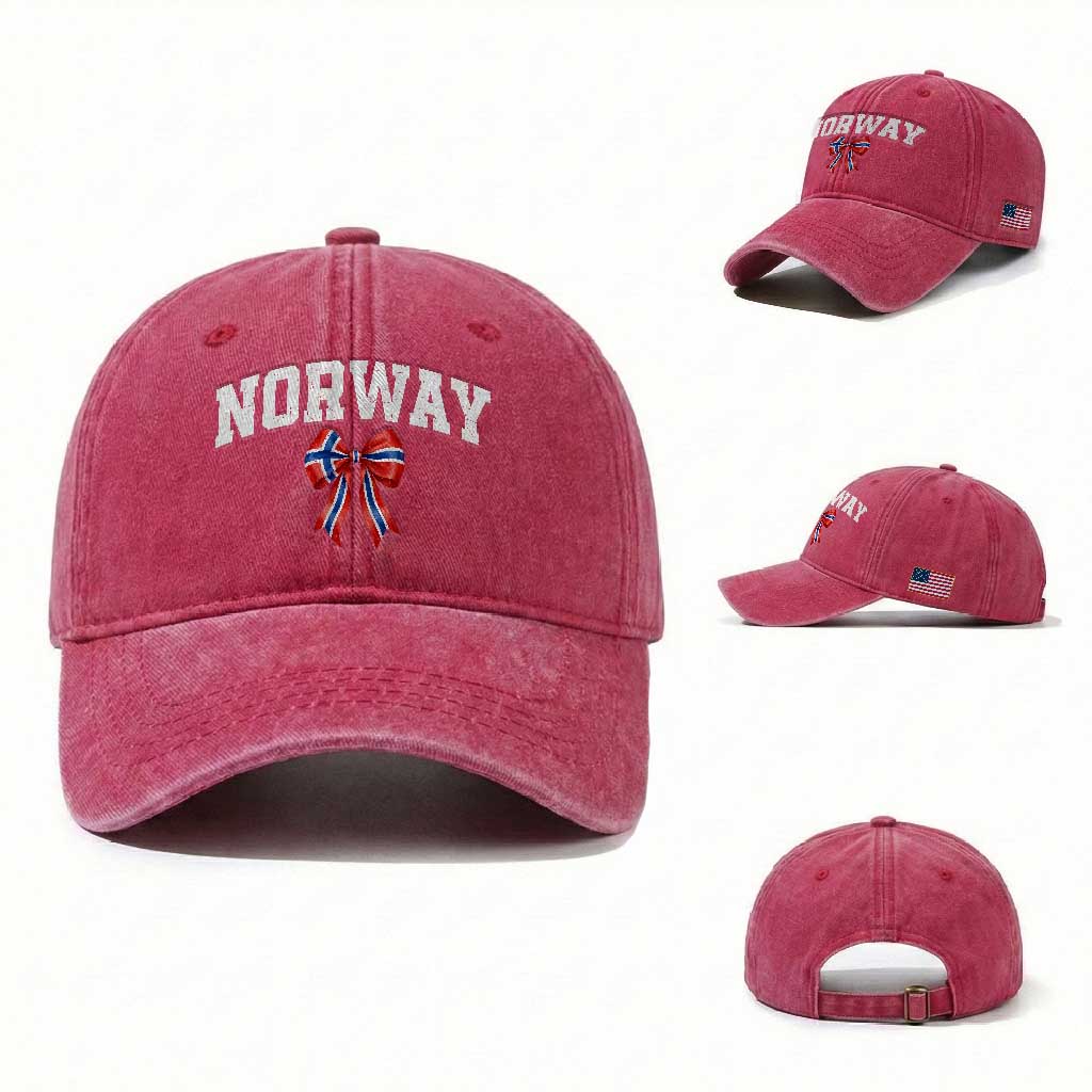 Norwegian Girl Coquette Bow Washed Cotton Baseball Cap Norway Flag Pride Gift TS12 Washed Cap Universal Fit Red Print Your Wear