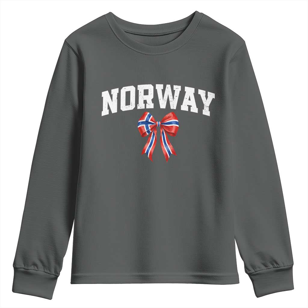 Norwegian Girl Coquette Bow Youth Sweatshirt Norway Flag Pride Gift TS12 Dark Heather Print Your Wear