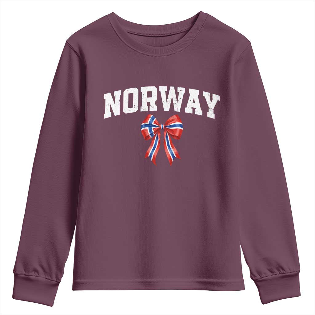 Norwegian Girl Coquette Bow Youth Sweatshirt Norway Flag Pride Gift TS12 Maroon Print Your Wear