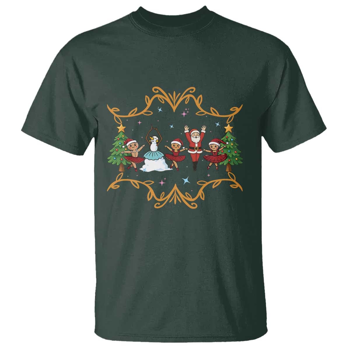 Ballet Lover Christmas T Shirt Funny Gingerbread Santa Snowman Dance TS12 Dark Forest Green Print Your Wear