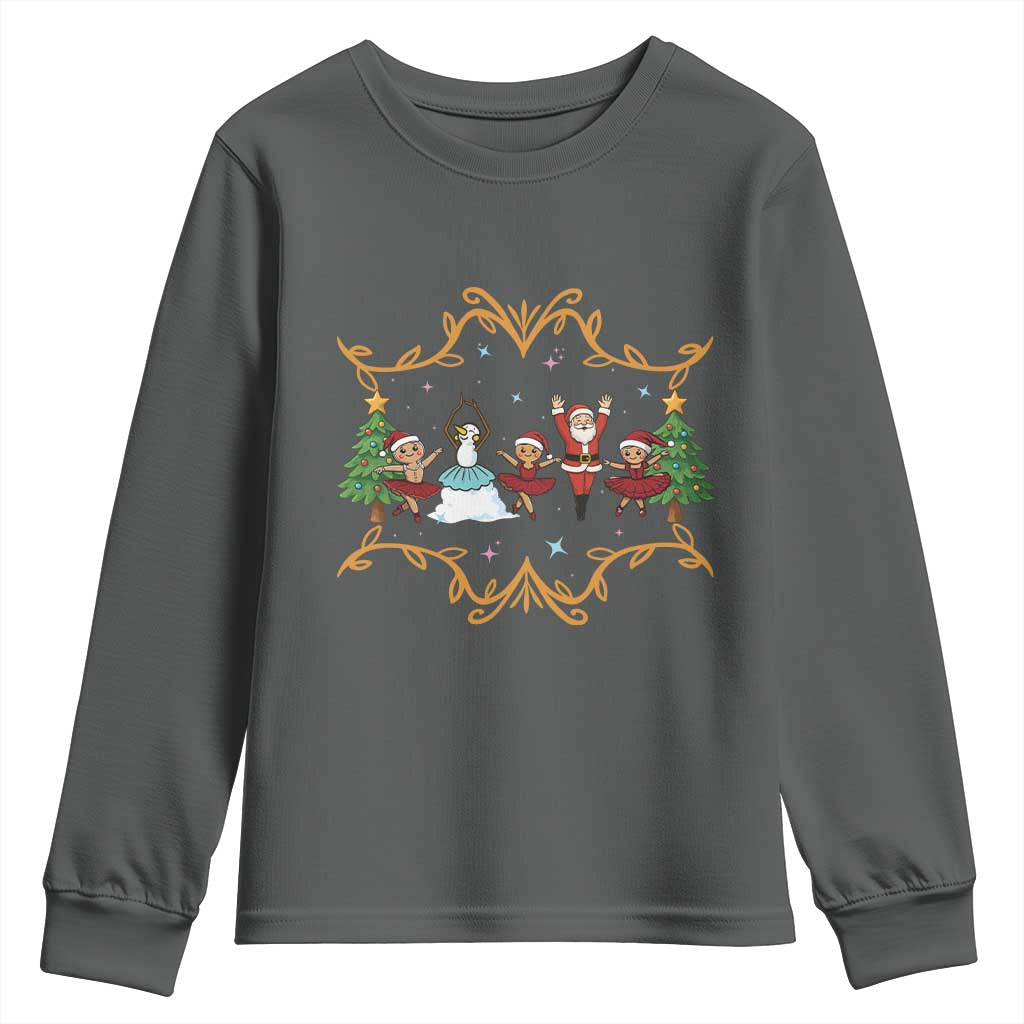 Ballet Lover Christmas Youth Sweatshirt Funny Gingerbread Santa Snowman Dance TS12 Dark Heather Print Your Wear