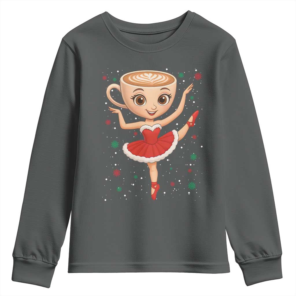 Funny Christmas Youth Sweatshirt Ballerina Cappuccino Brainrot Meme Gift TS12 Dark Heather Print Your Wear