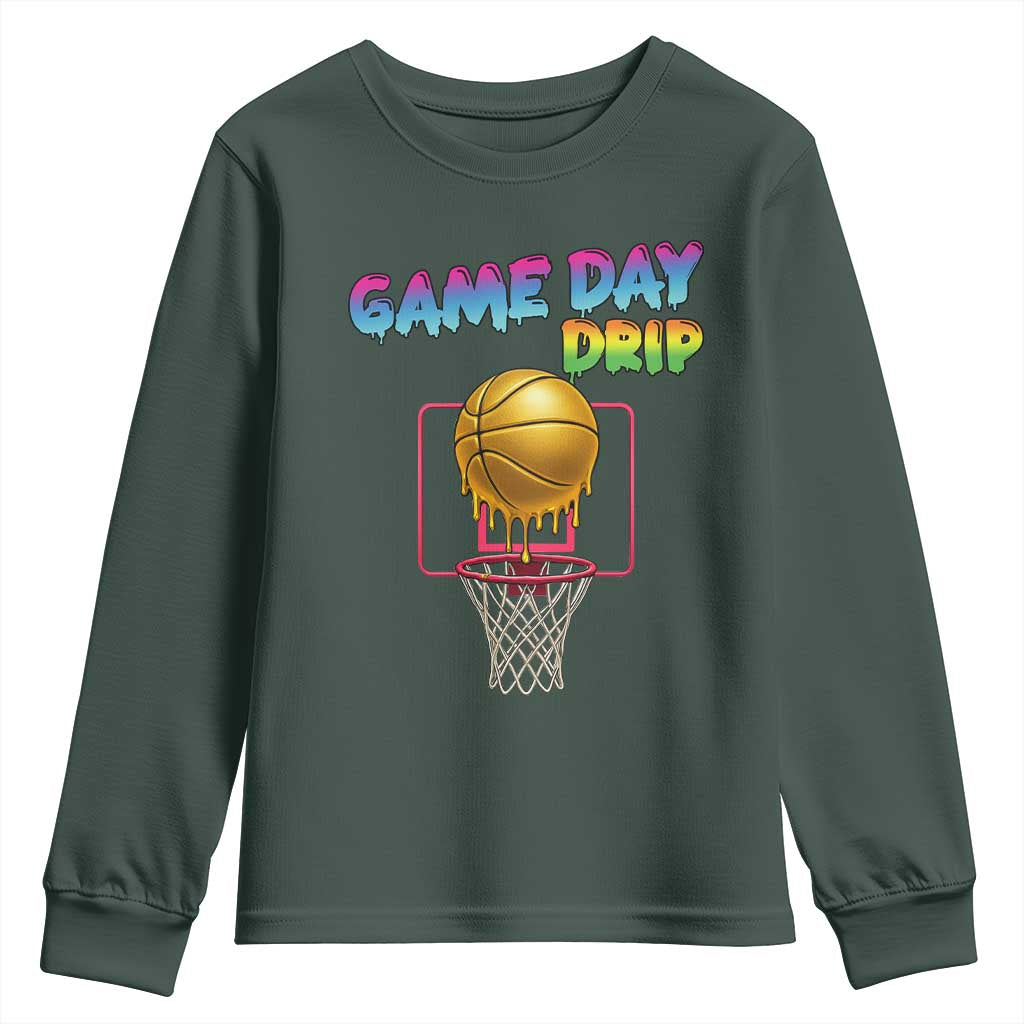 Game Day Drip Youth Sweatshirt Funny Basketball Lover Street Style Design TS12 Dark Forest Green Print Your Wear