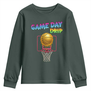Game Day Drip Youth Sweatshirt Funny Basketball Lover Street Style Design TS12 Dark Forest Green Print Your Wear