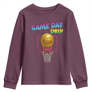 Game Day Drip Youth Sweatshirt Funny Basketball Lover Street Style Design TS12 Maroon Print Your Wear