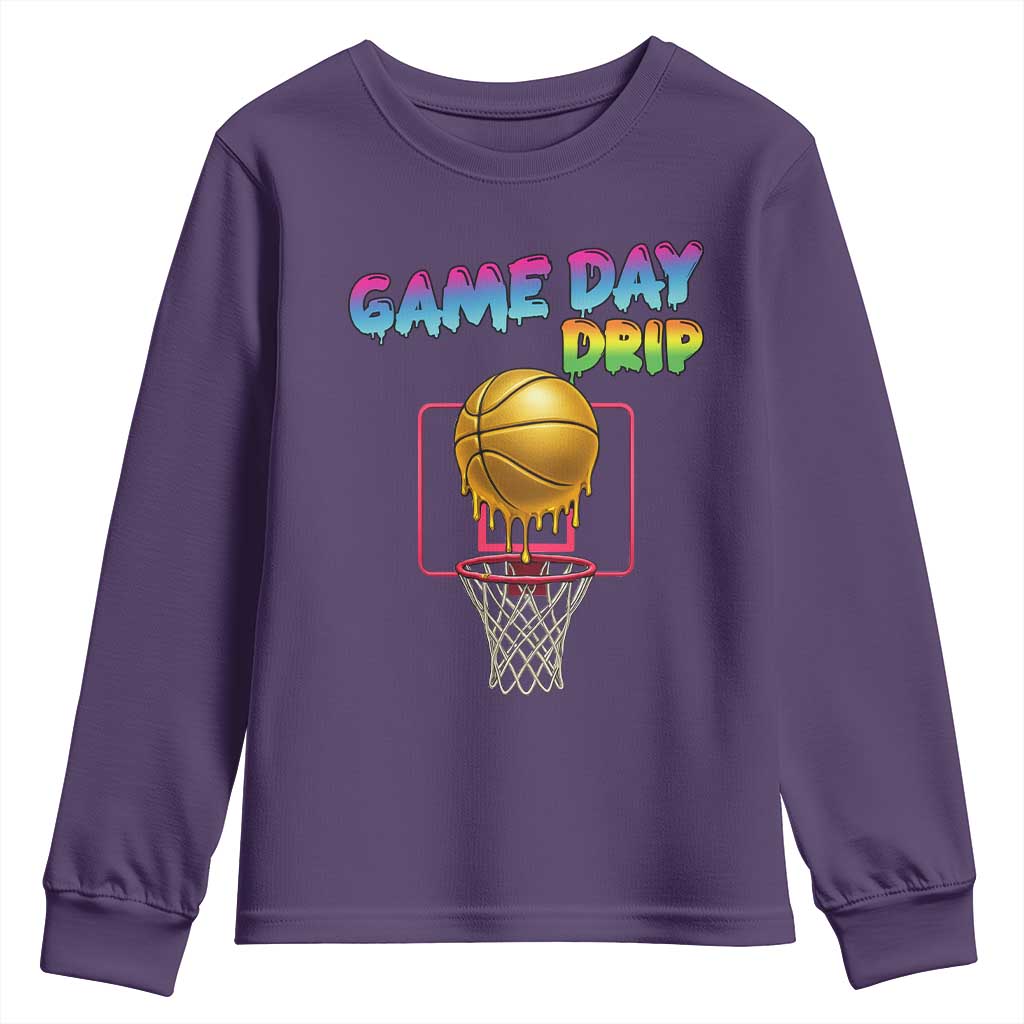 Game Day Drip Youth Sweatshirt Funny Basketball Lover Street Style Design TS12 Purple Print Your Wear