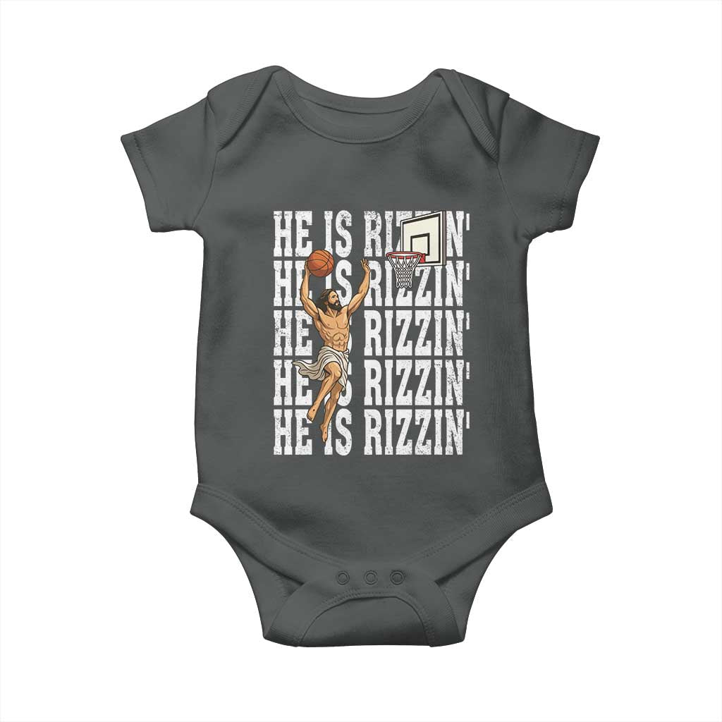 Christian Basketball Lover Baby Onesie He Is Rizzin Funny Gift TS12 Dark Heather Print Your Wear