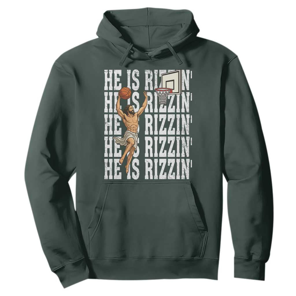 Christian Basketball Lover Hoodie He Is Rizzin Funny Gift TS12 Dark Forest Green Print Your Wear