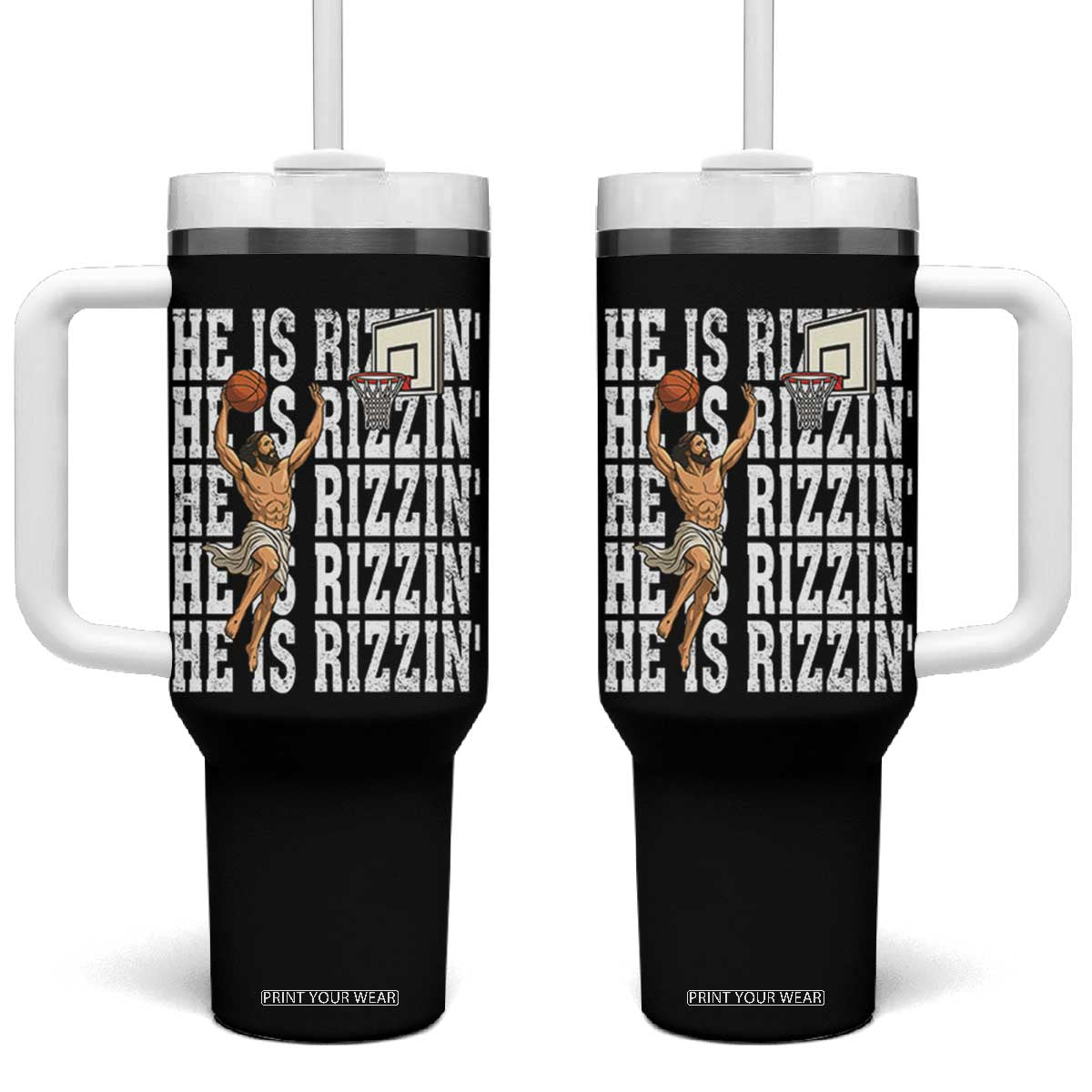 Christian Basketball Lover Tumbler With Handle He Is Rizzin Funny Gift TS12 One Size: 40 oz Black Print Your Wear