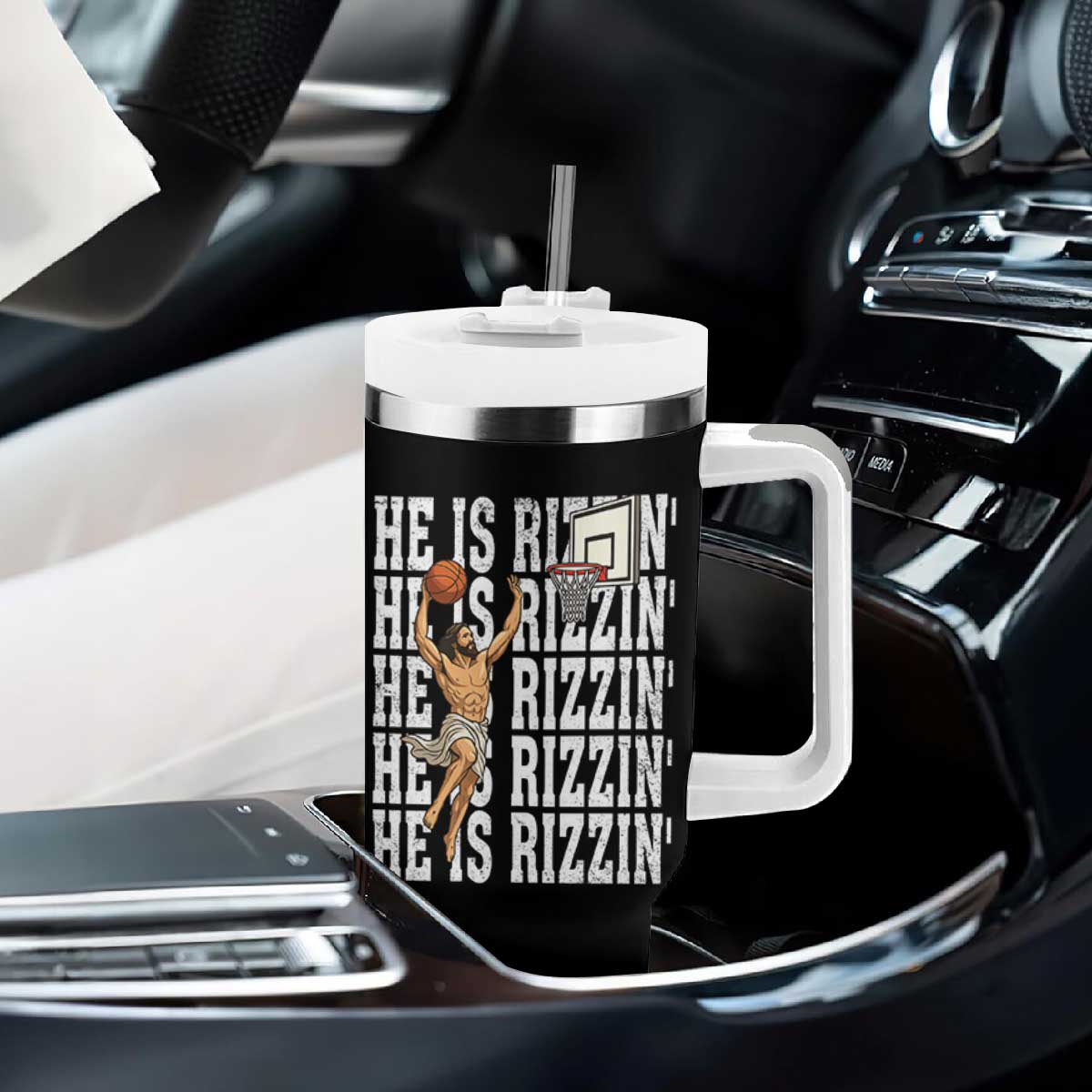 Christian Basketball Lover Tumbler With Handle He Is Rizzin Funny Gift TS12 Print Your Wear