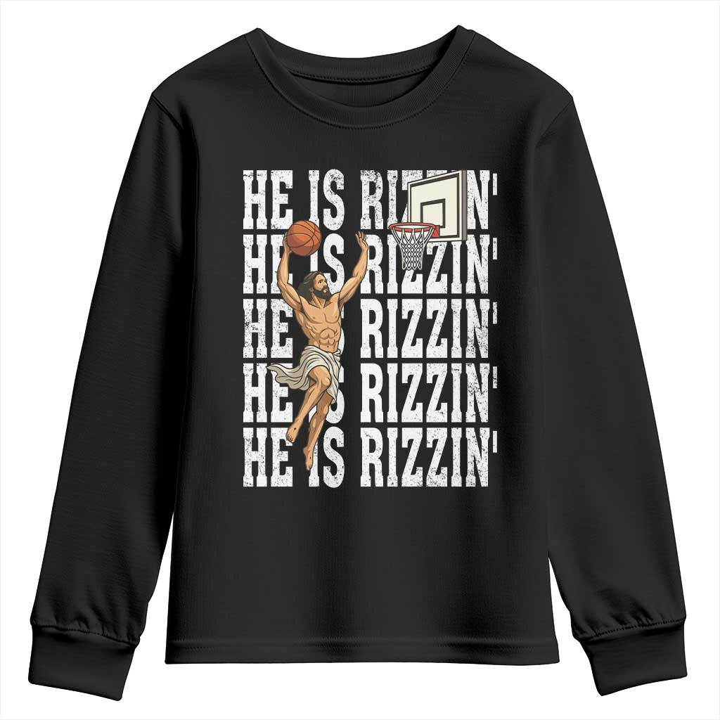 Christian Basketball Lover Youth Sweatshirt He Is Rizzin Funny Gift TS12 Black Print Your Wear