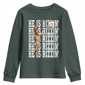 Christian Basketball Lover Youth Sweatshirt He Is Rizzin Funny Gift TS12 Dark Forest Green Print Your Wear