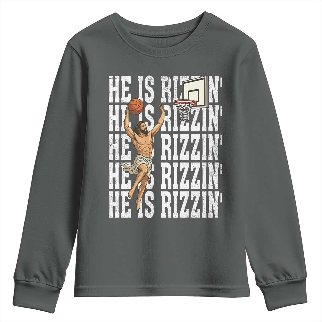 Christian Basketball Lover Youth Sweatshirt He Is Rizzin Funny Gift TS12 Dark Heather Print Your Wear