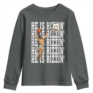Christian Basketball Lover Youth Sweatshirt He Is Rizzin Funny Gift TS12 Dark Heather Print Your Wear