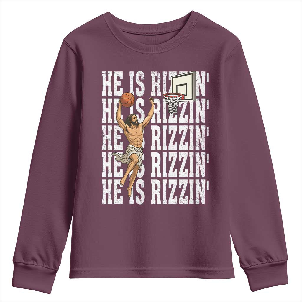 Christian Basketball Lover Youth Sweatshirt He Is Rizzin Funny Gift TS12 Maroon Print Your Wear
