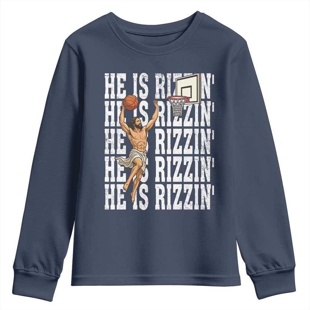 Christian Basketball Lover Youth Sweatshirt He Is Rizzin Funny Gift TS12 Navy Print Your Wear