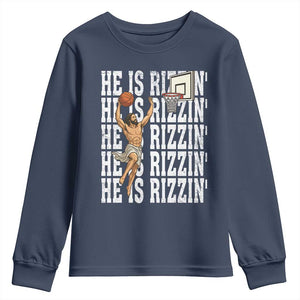 Christian Basketball Lover Youth Sweatshirt He Is Rizzin Funny Gift TS12 Navy Print Your Wear