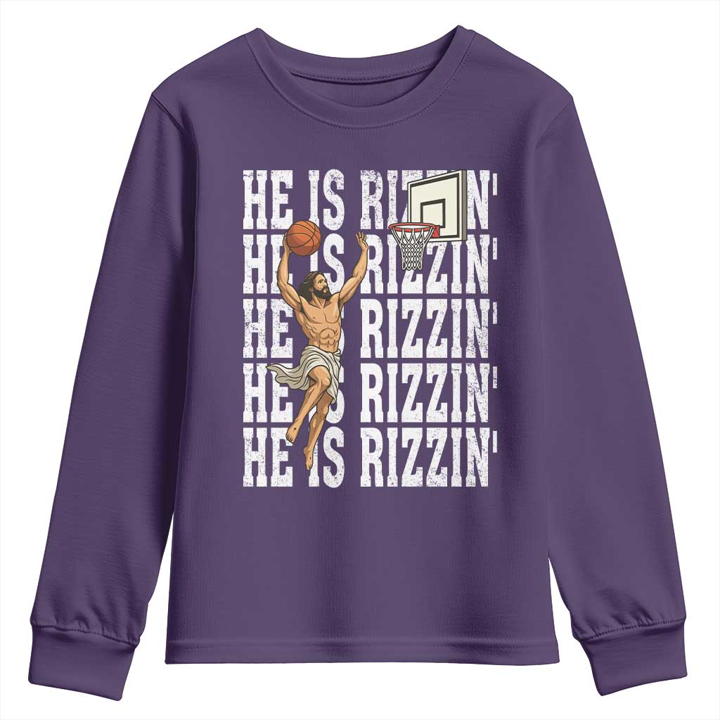 Christian Basketball Lover Youth Sweatshirt He Is Rizzin Funny Gift TS12 Purple Print Your Wear