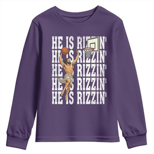 Christian Basketball Lover Youth Sweatshirt He Is Rizzin Funny Gift TS12 Purple Print Your Wear