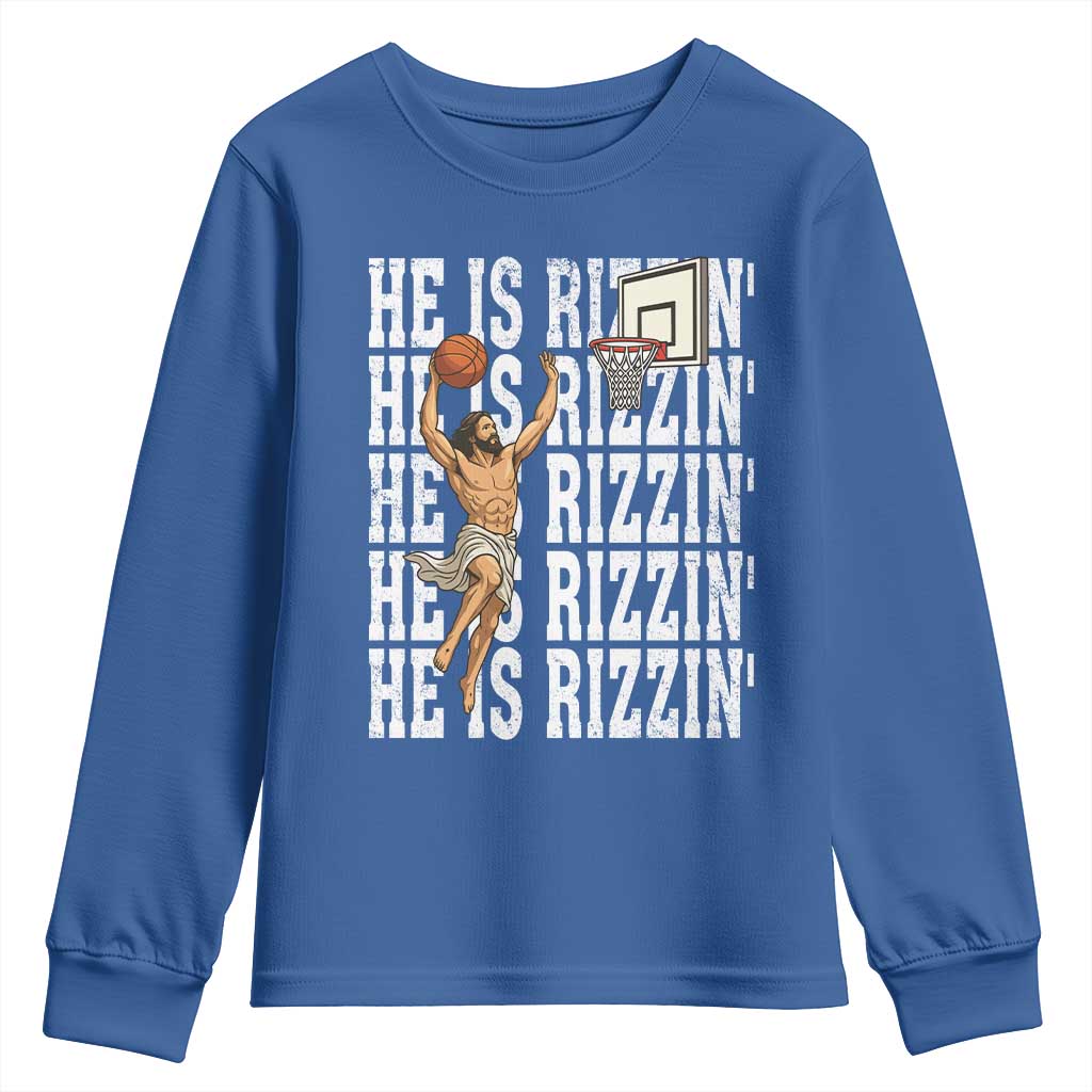 Christian Basketball Lover Youth Sweatshirt He Is Rizzin Funny Gift TS12 Royal Blue Print Your Wear
