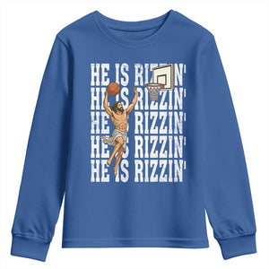 Christian Basketball Lover Youth Sweatshirt He Is Rizzin Funny Gift TS12 Royal Blue Print Your Wear