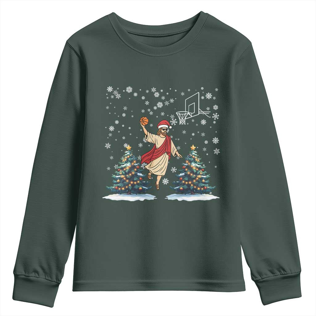 He Is Rizzin Youth Sweatshirt Funny Christmas Slam Dunk Basketball Gift TS12 Dark Forest Green Print Your Wear