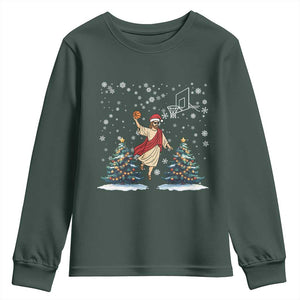 He Is Rizzin Youth Sweatshirt Funny Christmas Slam Dunk Basketball Gift TS12 Dark Forest Green Print Your Wear