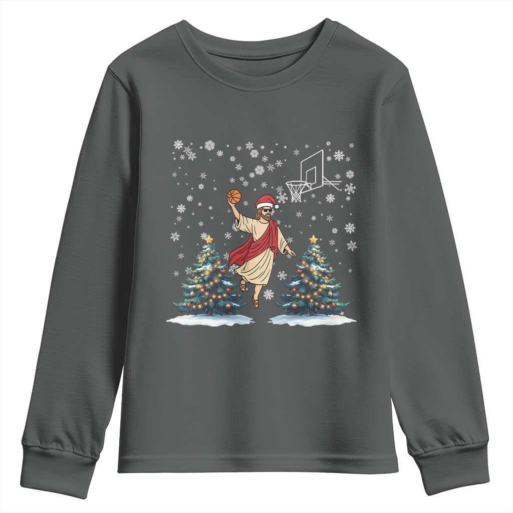 He Is Rizzin Youth Sweatshirt Funny Christmas Slam Dunk Basketball Gift TS12 Dark Heather Print Your Wear