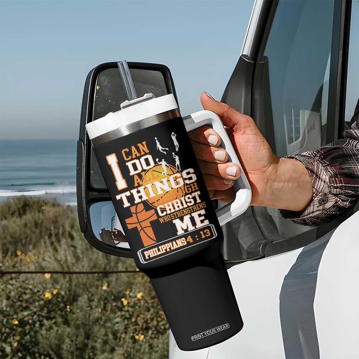 Christian Basketball Tumbler With Handle I Can Do All Things Through Christ Bible Verse TS12 Print Your Wear