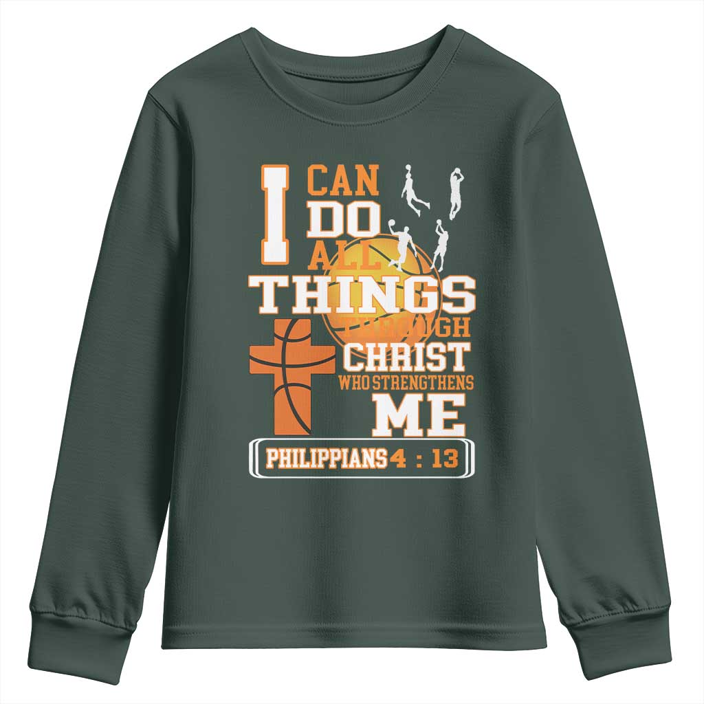 Christian Basketball Youth Sweatshirt I Can Do All Things Through Christ Bible Verse TS12 Dark Forest Green Print Your Wear