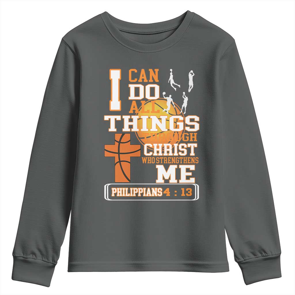 Christian Basketball Youth Sweatshirt I Can Do All Things Through Christ Bible Verse TS12 Dark Heather Print Your Wear