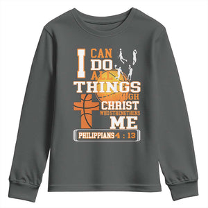 Christian Basketball Youth Sweatshirt I Can Do All Things Through Christ Bible Verse TS12 Dark Heather Print Your Wear