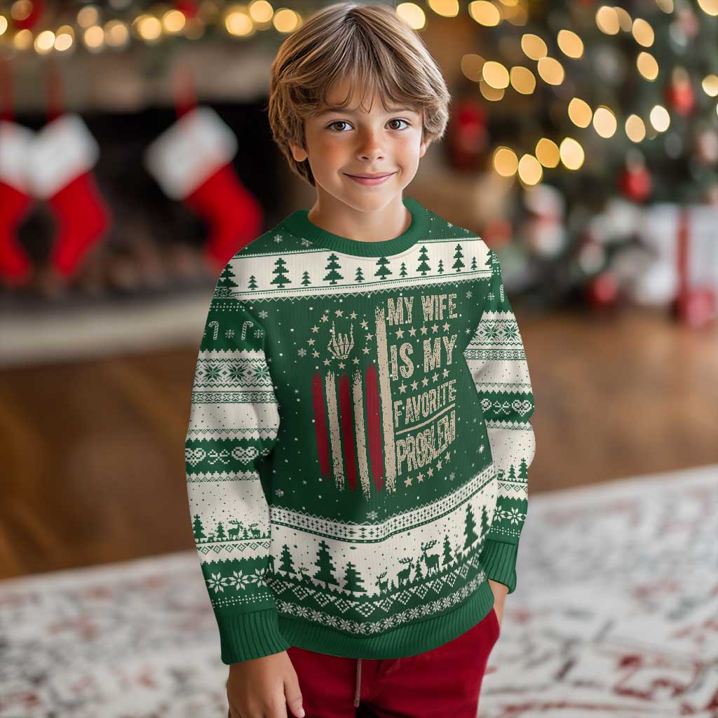 Funny My Wife Is My Favorite Problem Ugly Christmas Sweater American Flag Husband Marriage Gift