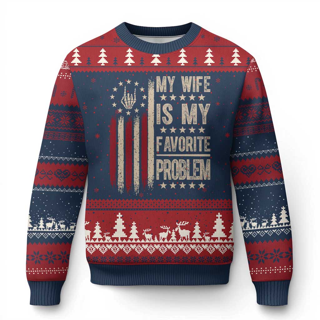 Funny My Wife Is My Favorite Problem Ugly Christmas Sweater American Flag Husband Marriage Gift TS12 Navy Red Print Your Wear