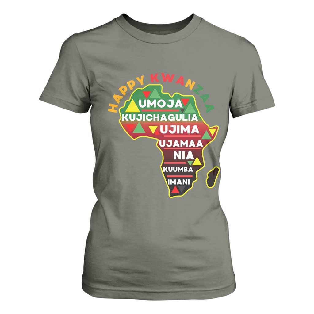 Happy Kwanzaa African Map T Shirt For Women Nguzo Saba Seven Principles African Heritage Gift TS12 Military Green Print Your Wear