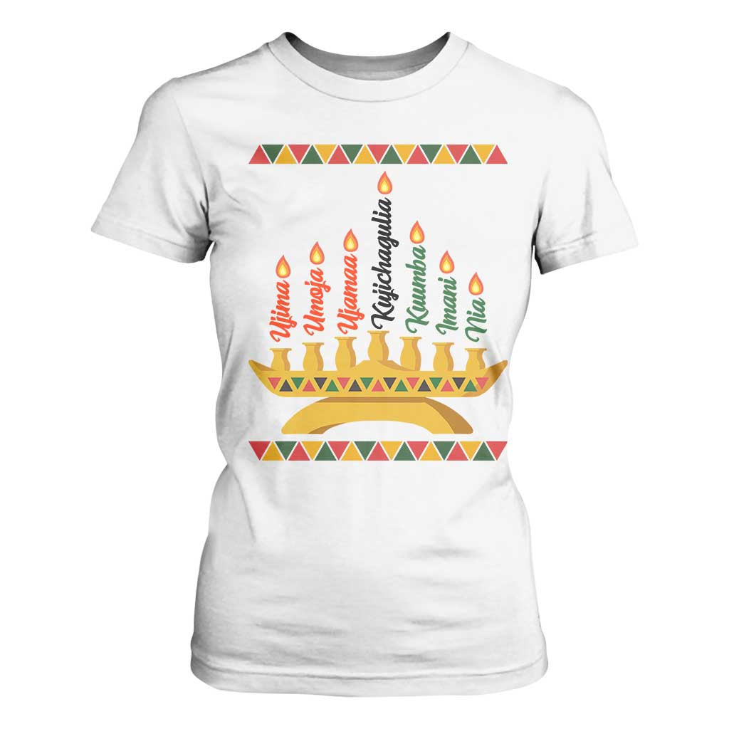 7 Principles Of Kwanzaa T Shirt For Women Festival Of Lights African Heritage Gift TS12 White Print Your Wear