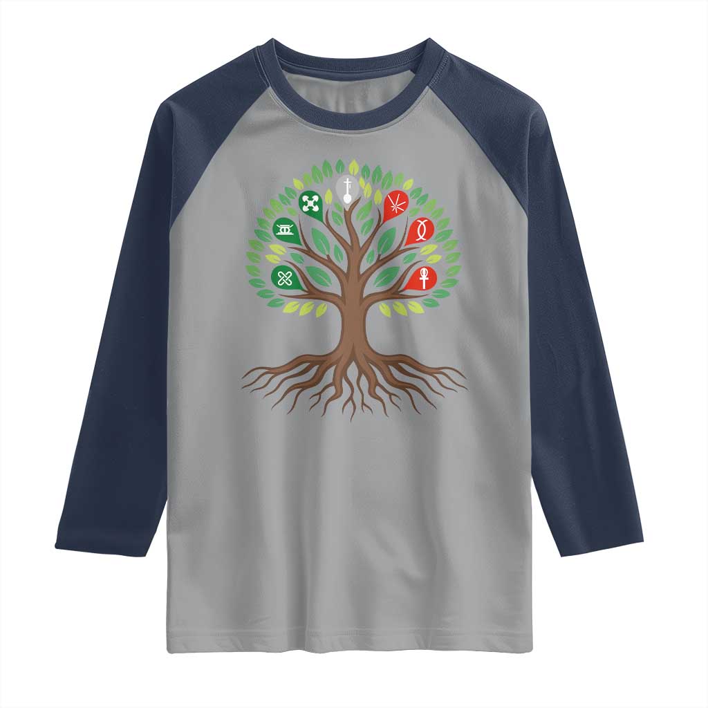 Seven Candles Of Kwanzaa Tree Of Life Raglan Shirt African Heritage Gift TS12 Sport Gray Navy Print Your Wear