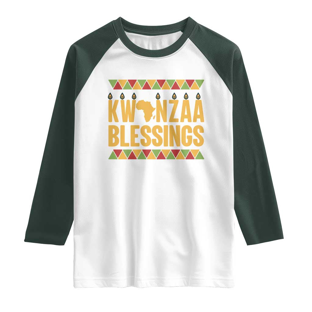 Kwanzaa Blessings Raglan Shirt Kinara Light African Heritage Gift TS12 White Dark Forest Green Print Your Wear