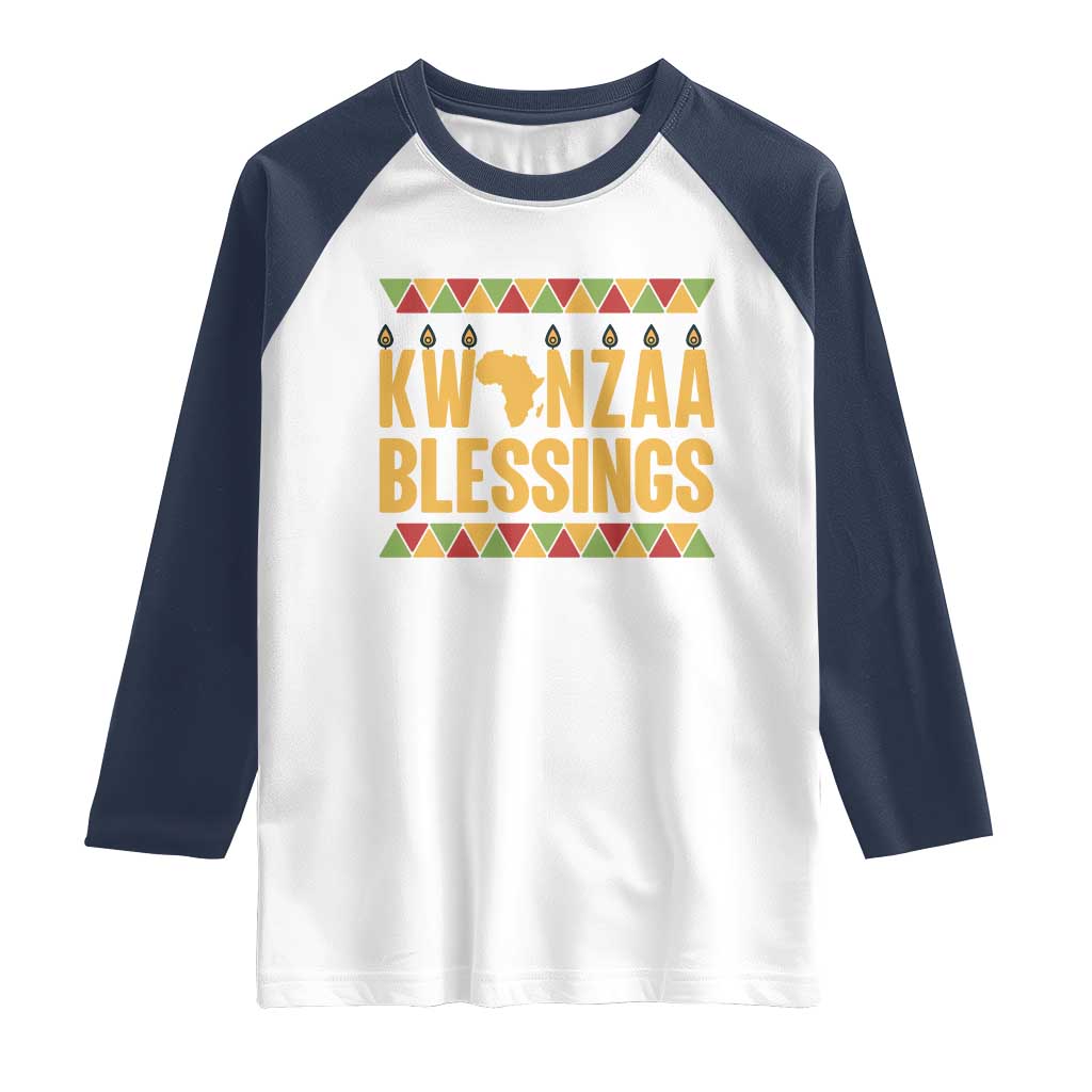Kwanzaa Blessings Raglan Shirt Kinara Light African Heritage Gift TS12 White Navy Print Your Wear