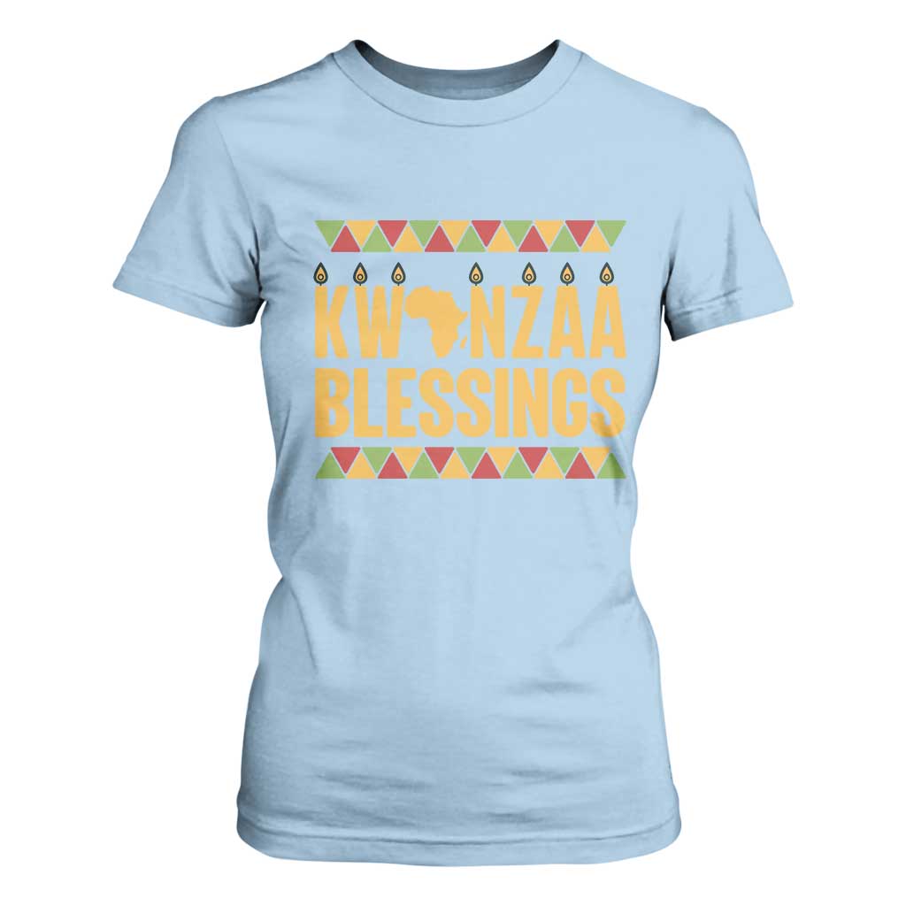 Kwanzaa Blessings T Shirt For Women Kinara Light African Heritage Gift TS12 Light Blue Print Your Wear