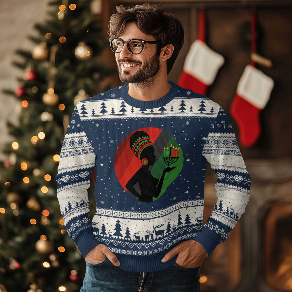 African Woman With Kinara Ugly Christmas Sweater Happy Kwanzaa Cultural Pride Gift TS12 Navy Beige Print Your Wear