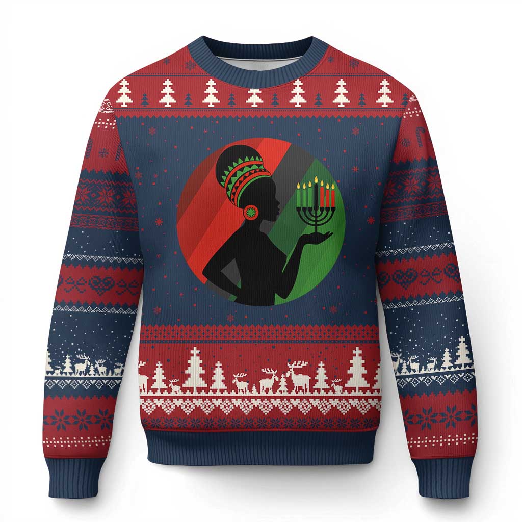 African Woman With Kinara Ugly Christmas Sweater Happy Kwanzaa Cultural Pride Gift TS12 Navy Red Print Your Wear