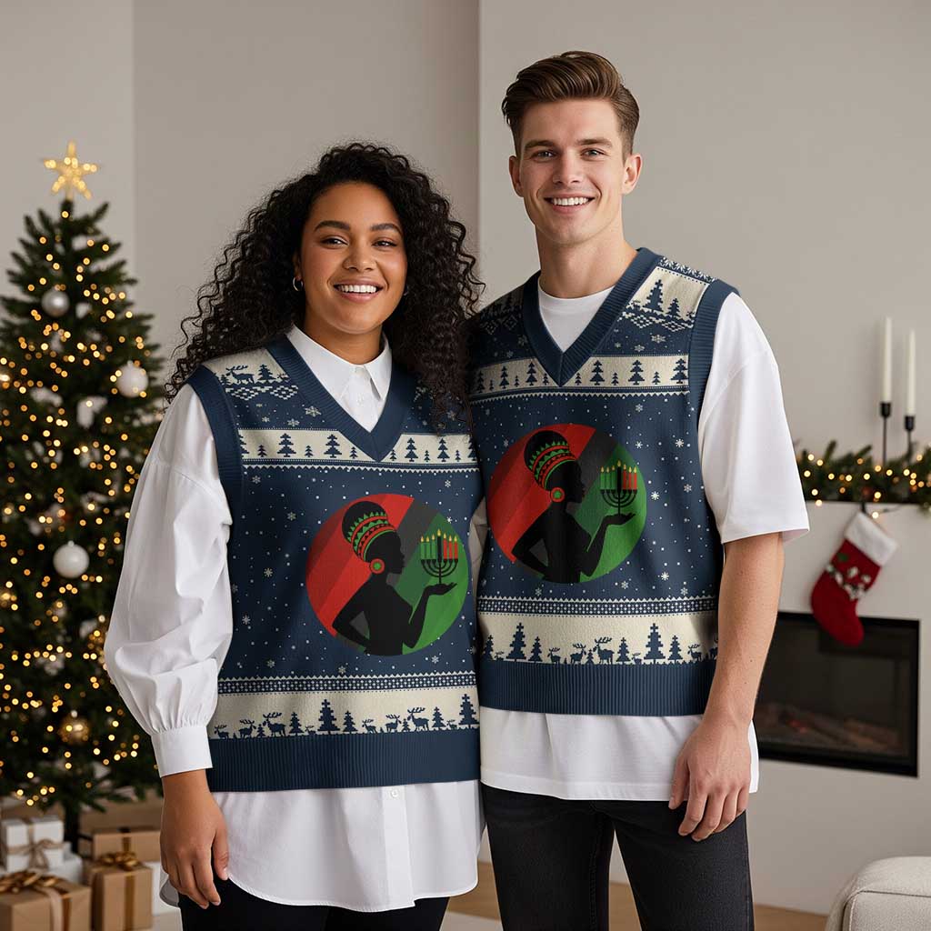 African Woman With Kinara V-Neck Knit Sweater Vest Happy Kwanzaa Cultural Pride Gift TS12 Navy Beige Print Your Wear