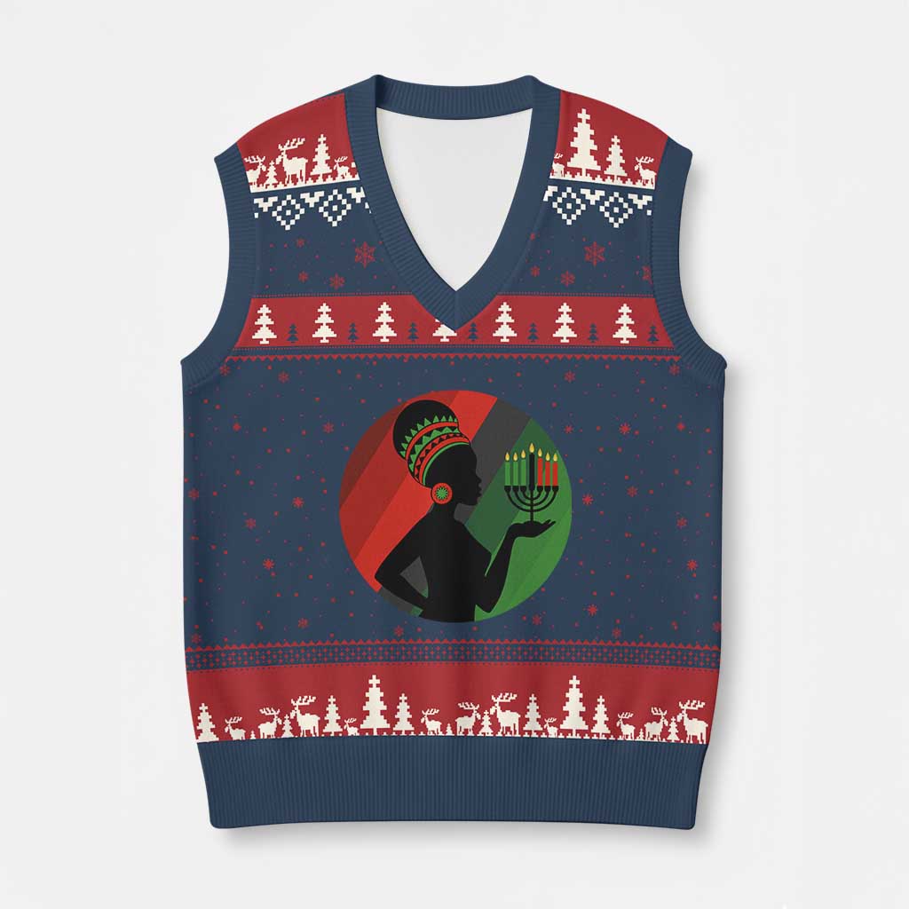 African Woman With Kinara V-Neck Knit Sweater Vest Happy Kwanzaa Cultural Pride Gift TS12 Navy Red Print Your Wear