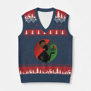 African Woman With Kinara V-Neck Knit Sweater Vest Happy Kwanzaa Cultural Pride Gift TS12 Navy Red Print Your Wear