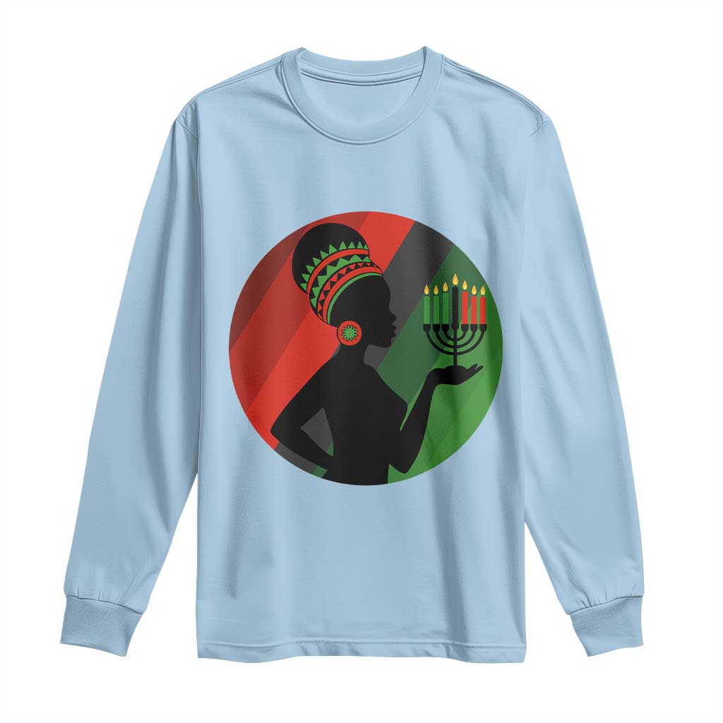 African Woman With Kinara Long Sleeve Shirt Happy Kwanzaa Cultural Pride Gift TS12 Light Blue Print Your Wear