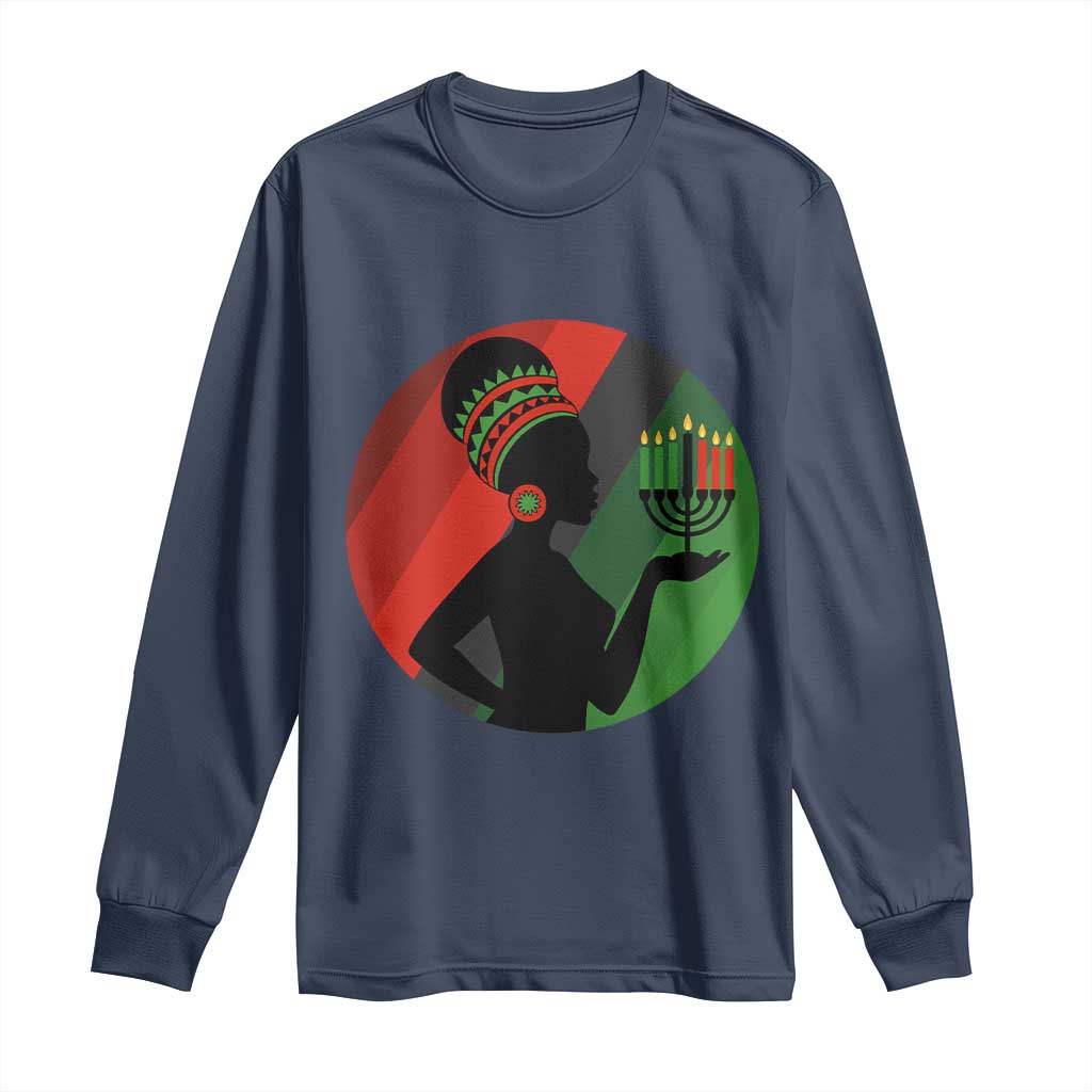 African Woman With Kinara Long Sleeve Shirt Happy Kwanzaa Cultural Pride Gift TS12 Navy Print Your Wear